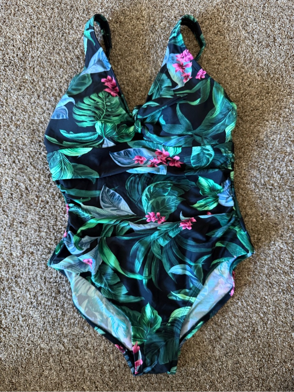 Kona Sol Black One-Piece Swimsuit with Green Leaves & Pink Flowers